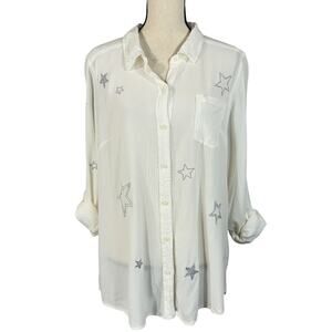 Torrid SZ 3 (3X-Large) Top Button-Up Gauzy Silver Stars Roll-Tab Sleeves Pocket
